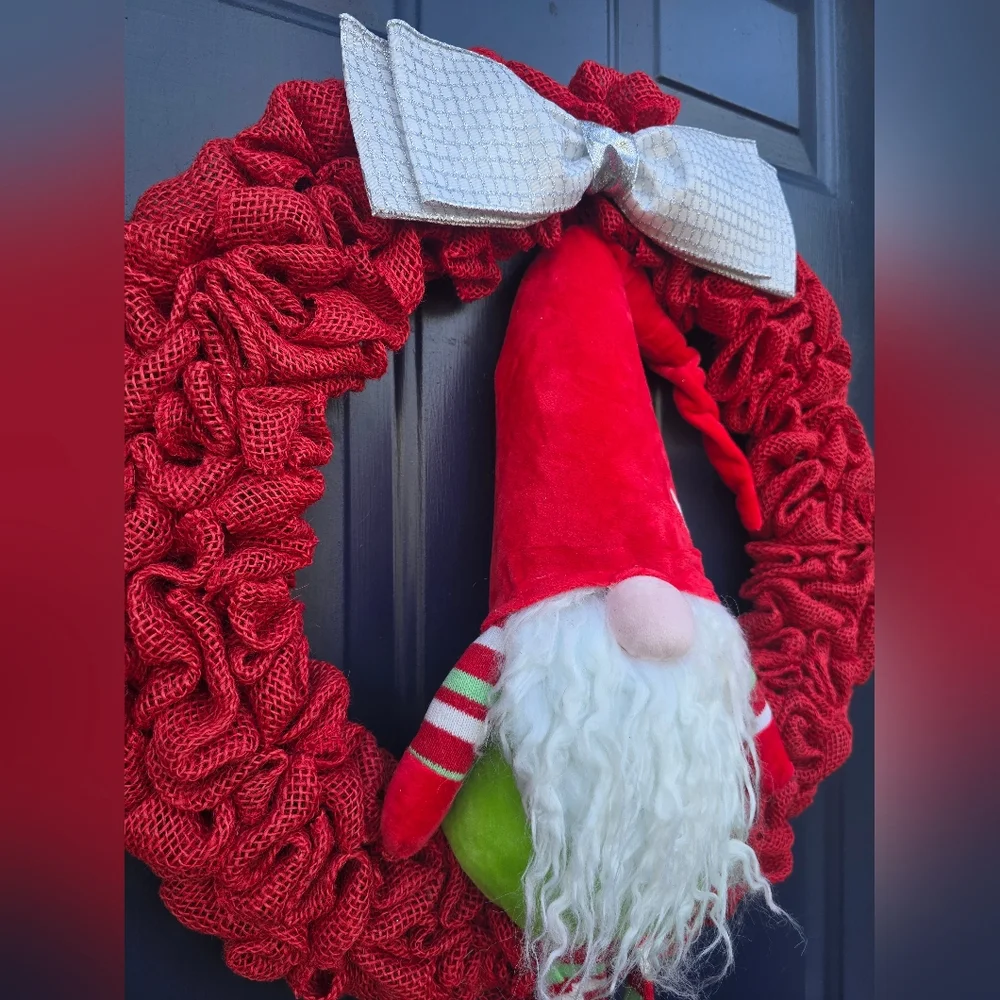 Charming Red Gnome Holiday Wreath with Silver Bow